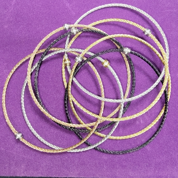 QVC Stainless Steel Multi-Cable Tri-Color Crystal Rolling Bracelet - Picture 2 of 6